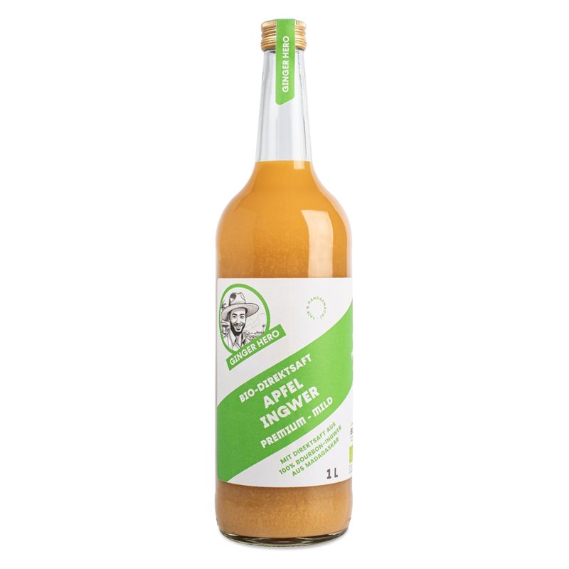 GINGER HERO Bio Apfel-Ingwer premium MILD 1l, Äpfel von badischen Streuobstwiesen, Bourbon-Ingwer aus Madagaskar - Produktbild