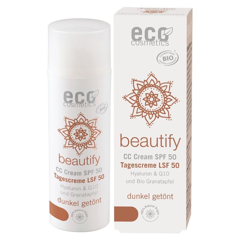 eco cosmetics beautify CC Creme LSF 50 dunkel getönt mit Hyaluron, Q10 und Bio Granatapfel - Produktbild