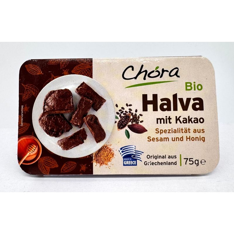 Chora Halva mit Kakao, aus Sesam und Honig vermenkt mit Kakaomasse und Kakaopulver - Produktbild
