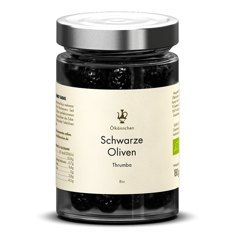 Ölkännchen Ölkännchen Schwarze Oliven Thrumba (mit Stein), GR im 180g-Glas (Vakuum, ohne Lake, leicht geölt) - Produktbild