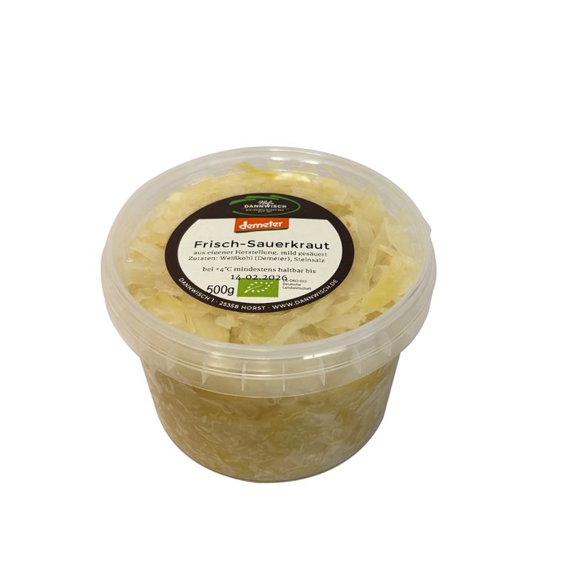 Hof Dannwisch Dannwisch Frisch-Sauerkraut  500g im PP-Becher   nicht pasteurisiert  demeter aus eigener Herstellung, mild gesäuert - Produktbild