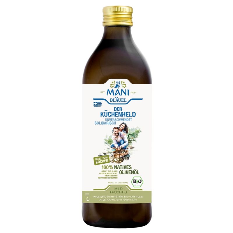 MANI® MANI Bläuel Der Küchenheld, 100% natives Olivenöl, BIO, 1 l Flasche - Produktbild