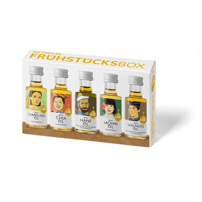 Ölmühle Fandler Die Fandler Frühstücksbox (Bio-Camelinaöl, Bio-Chiaöl, Bio-Hanföl, Bio-Mohnöl, Bio-Walnussöl) - Produktbild