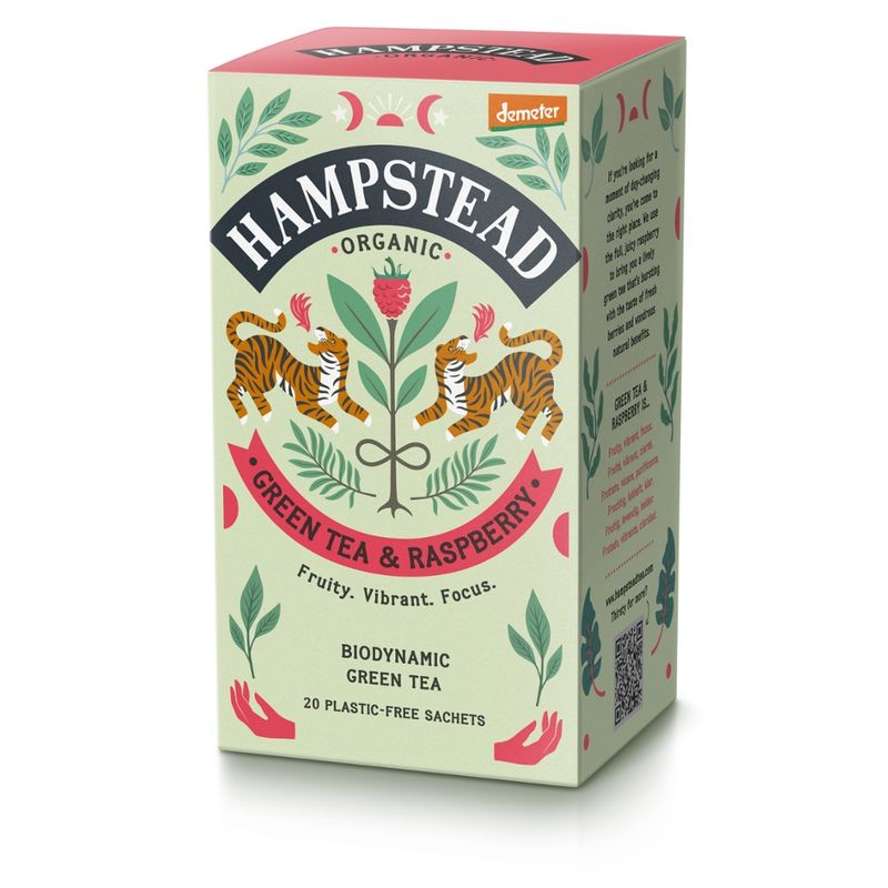 Hampstead Organic  Demeter Organic Green  tea & Raspberry bags in plastic free packaging - Produktbild