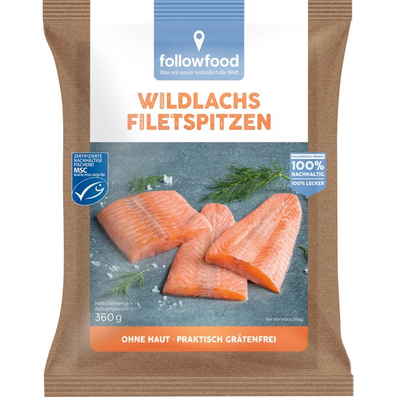 followfood MSC Wildlachs Filetspitzen, ohne Haut, praktisch grätenfrei, portioniert, tiefgekühlt mit Wasserschutzglasur. - Produktbild