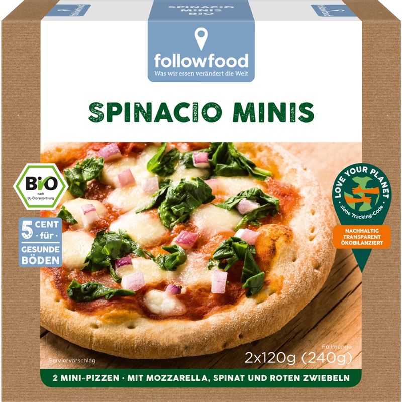 followfood Bio Spinacio Minis, 2 Mini-Pizzen, mit Mozzarella, Spinat und roten Zwiebeln - Produktbild