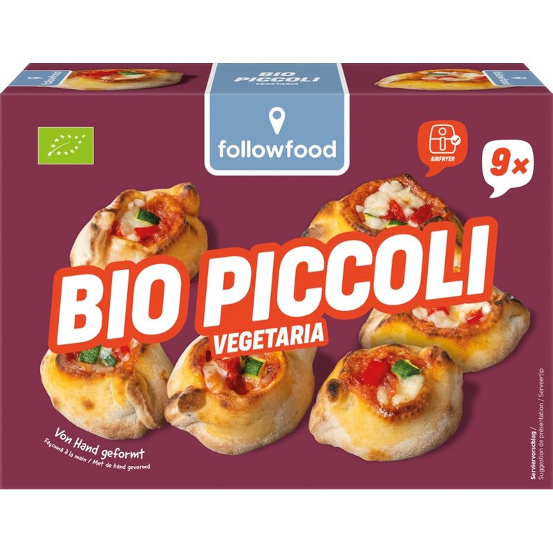 followfood Bio Piccoli Pizzasnack, gefüllt mit Tomatenpüree, gegrilltem Gemüse und Mozzarella, vorgebacken, tiefgekühlt - Produktbild