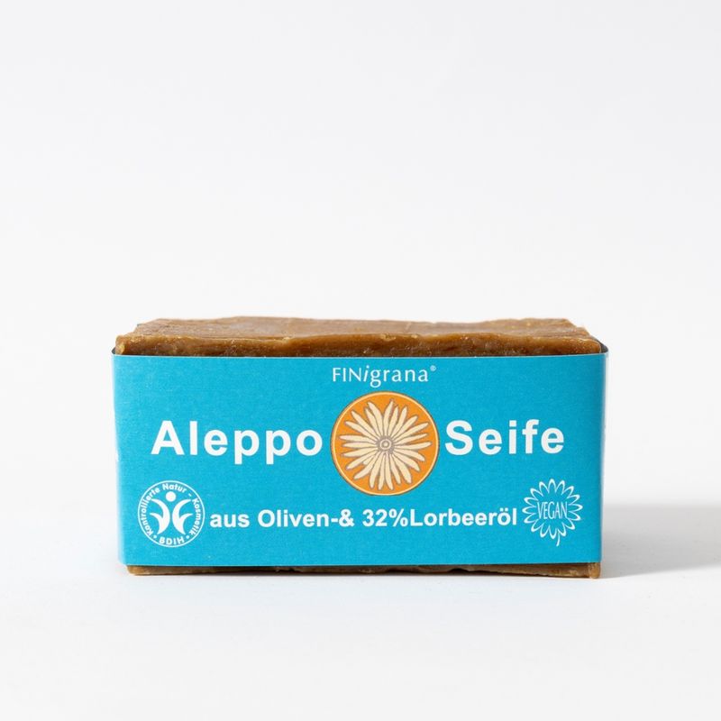 FINigrana® Naturkosmetik FINigrana Aleppo Olivenseife mit 32% Lorbeeröl, 165g traditionell handgeschnittener Naturblock, reine Pflanzenseife für alle Hauttypen - Produktbild