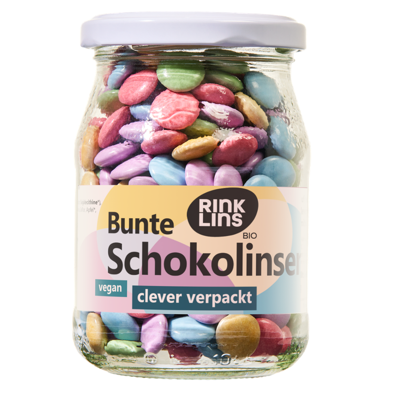 RINKLINS BIO Bunte Schokolinsen clever verpackt im Pfandglas - Produktbild