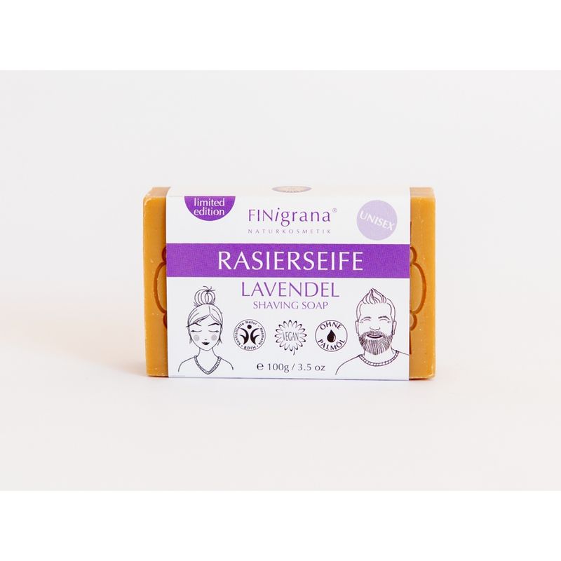 FINigrana® Naturkosmetik FINigrana Rasierseife, Lavendel aus 5 wertvollen, verseiften Pflanzenölen, verfeinert mit rein ätherischem Lavendelöl 100g,  zur milden Nass Rasur, Bartpflege & Haarentfernung , für aller Hauttypen, unisex - Produktbild