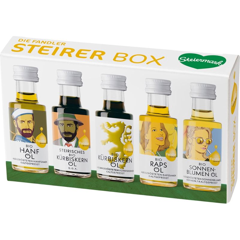 Ölmühle Fandler Die Fandler Bio-Steirerbox (Bio-Hanföl  Bio-Kürbiskernöl  Bio Kürbiskernöl kaltgepresst  Bio-Rapsöl  Bio-Sonnenblumenöl)) - Produktbild