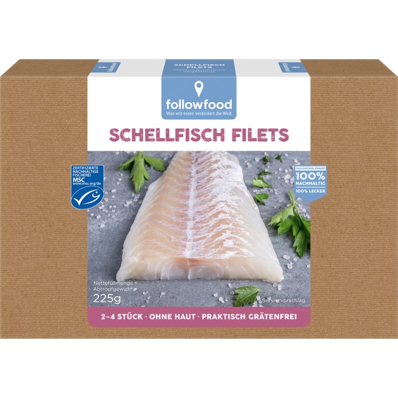 followfood 2-4 Schellfisch Filets, melanogrammus aeglefinus, ohne Haut, praktisch grätenfrei, portioniert, tiefgekühlt mit Wasserschutzglasur. - Produktbild