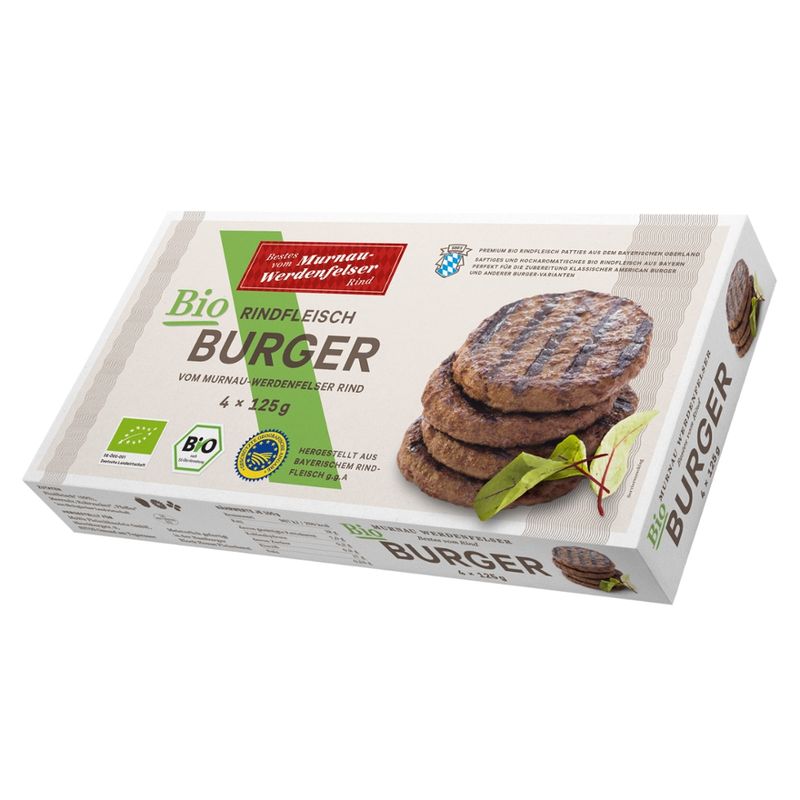 MuWe Fleischhandels Tiefgefrorene, bratfertig und gewürzte Bio Burger, hergestellt aus Fleisch vom Murnau-Werdenfelser Bio-Rind - Produktbild
