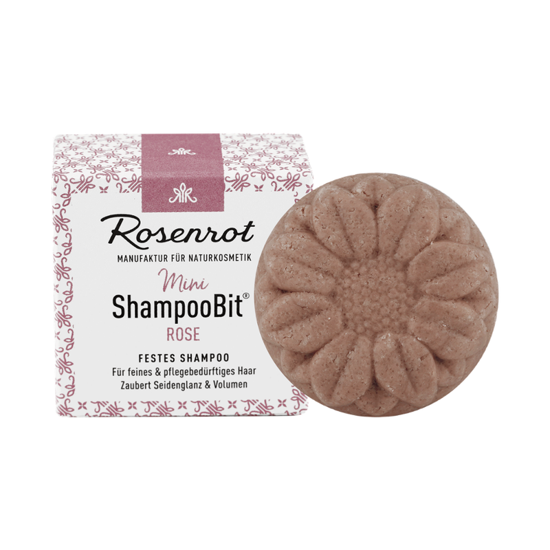 Rosenrot Naturkosmetik festes Mini ShampooBit® Rose - 30g - in Schachtel - Gibt normalem bis feinem Haar die besondere, vitalisierende Pflege. Zaubert Seidenglanz und sorgt für volles Haar. Mit dem sinnlichen Duft wilder Rosen. - Produktbild