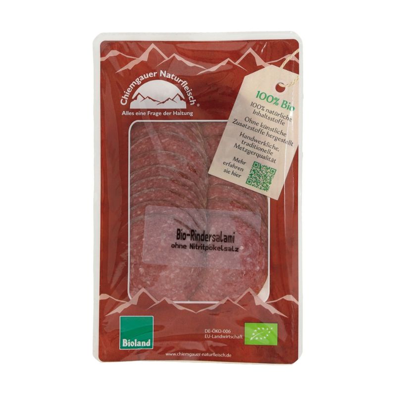 Chiemgauer Naturfleisch Rindersalami, geschnitten, 60 g, SB, kbA - Produktbild