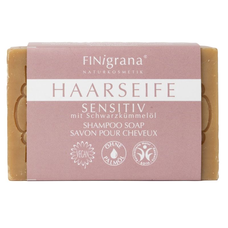 FINigrana® Naturkosmetik FINigrana Haarseife, Sensitiv, aus 5 wertvollen Pflanzenölen mit Schwarzkümmelöl, 100g rechteckig, zur milden Reinigung von Haar und der empfindlichen Kopfhaut - Produktbild