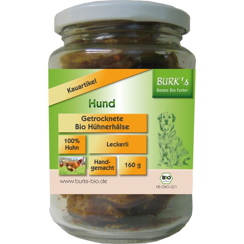 BURK's BURK's Getrocknete Bio-Hühnerhälse 160g Bio-Leckerli für Hund und Katze - Produktbild