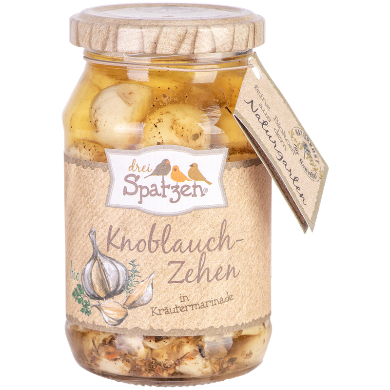 Drei Spatzen  Knoblauchzehen in Kräutermarinade - Produktbild