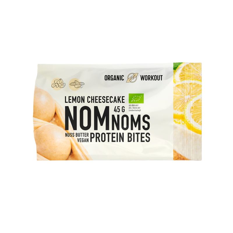 Organic Workout Lemon Cheesecake NomNoms Protein Bites – Bio Protein-Nuss-Snack auf Basis von Nussmus und Erbsenprotein, gesüßt mit Erythrit und Reissirup - Produktbild