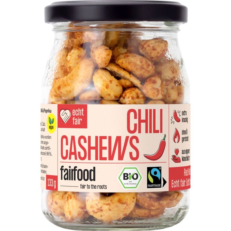 fairfood Freiburg Faire Cashews mit Chili geröstet (133g, Bio, Fairtrade, Pfandglas klein) - Produktbild