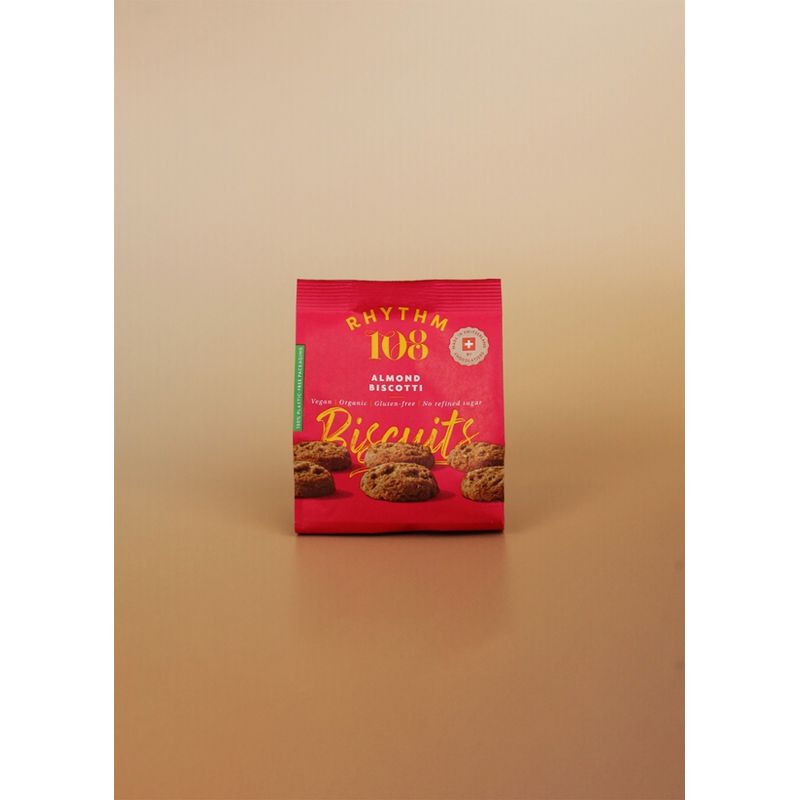 Rhythm 108 Unsere italien-inspirierten, buttrigen (ohne die Butter) Mandel-Biscotti sind voll gepackt mit Mandelstücken und mit natürlichem Kokosnussöl knusprig gebacken - Produktbild