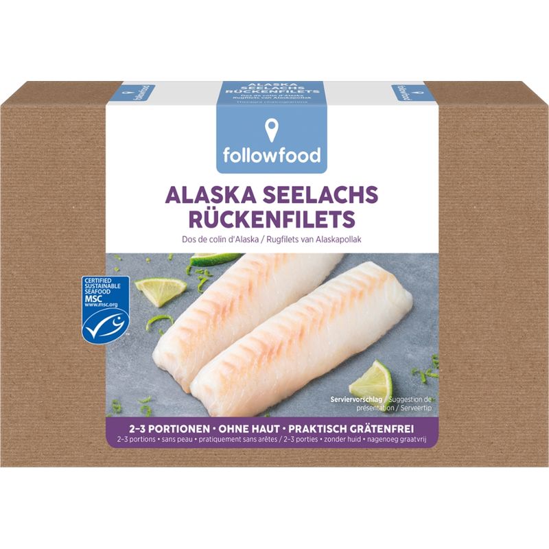 followfood 2-3 Alaska Seelachs Rückenfilets, ohne Haut,  praktisch grätenfrei, portioniert, tiefgekühlt mit Wasserschutzglasur - Produktbild