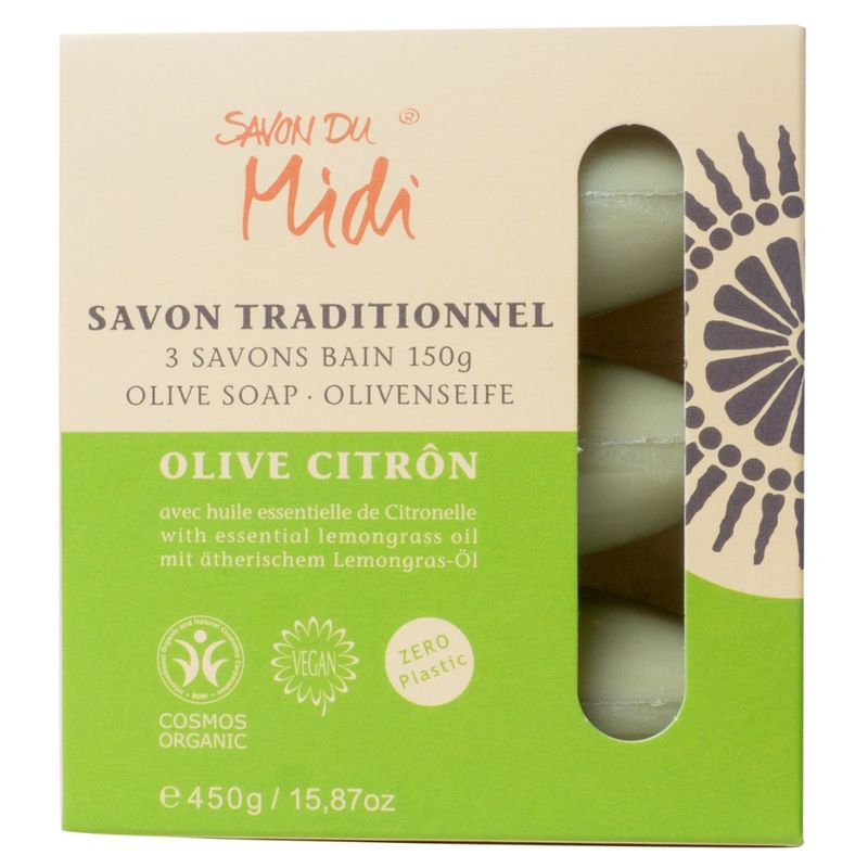 Savon du Midi Olivenseife OLIVE-CITRÔN, 3 x 150g in Papier Box, COSMOS ORGAIC, VEGAN, ZERO PLASTIC - Produktbild
