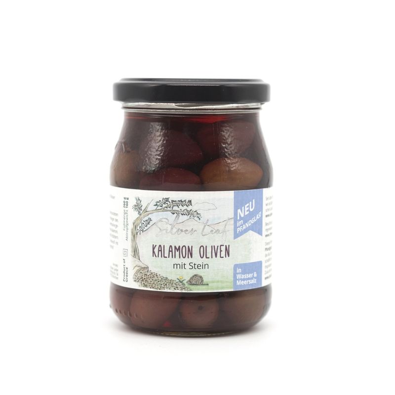 Silver leaf Kalamon Oliven im Pfandglas, in Salzlake, mit Stein (260 g) - Produktbild