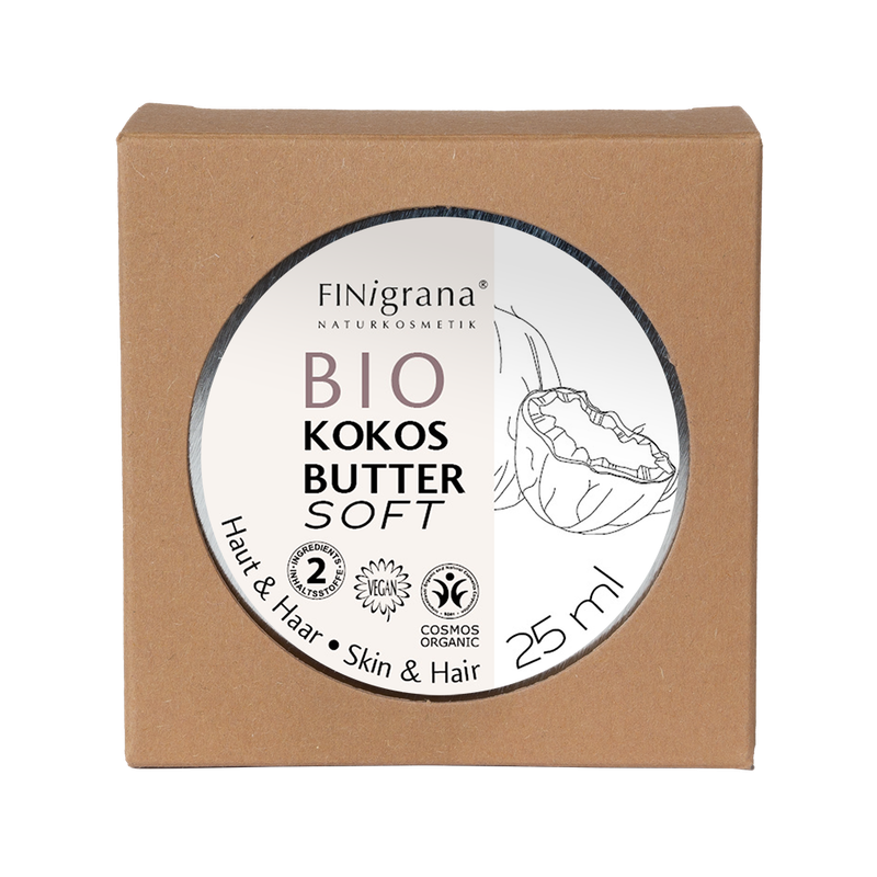 FINigrana® Naturkosmetik FINigrana® Bio Kokosbutter-Soft  (Haut & Haar/ Skin & Hair / Soins & Cheveux) in Weißblechdose, 25ml mit Umkarton - Produktbild