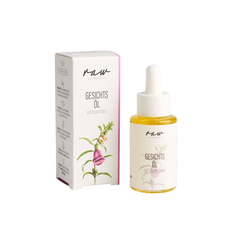 raw Naturkosmetik raw Gesichtsöl Sesam für trockene und müde Haut sowie zur Hautregeneration mit kaltgepressten Bio Ölen, vegan und dermatologisch für sensible Haut getestet und mit sehr gut bestätigt - Produktbild