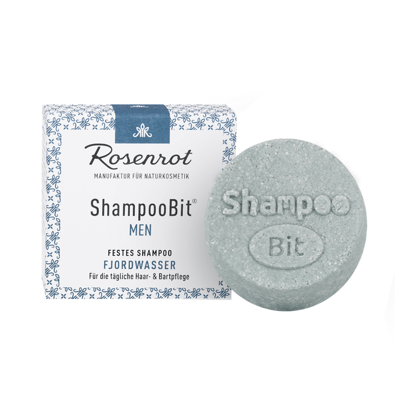 Rosenrot Naturkosmetik festes ShampooBit® MEN Fjordwasser - 60g - in Schachtel - Dieses MEN ShampooBit Fjordwasser für den Mann reinigt mild und ist sanft zur Haut und zum Bart. - Produktbild