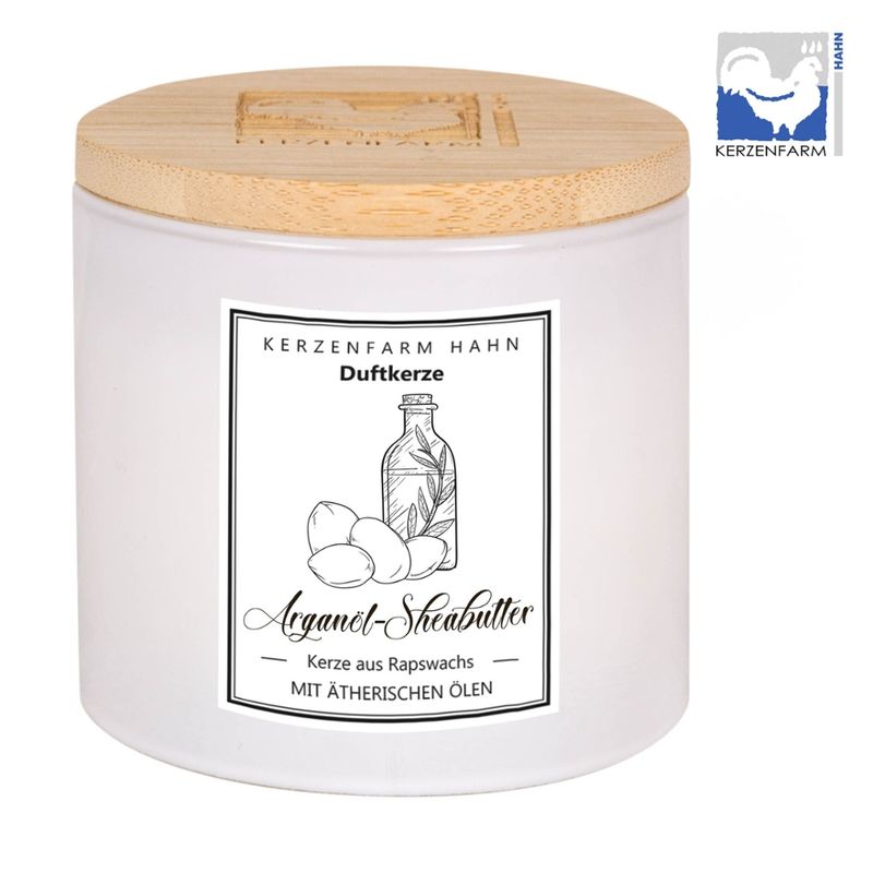 Kerzenfarm Hahn Duftkerze im Trendglas mit Holzdeckel , weiß, mit Rapswachs befüllt, Arganöl-Sheabutter - Produktbild