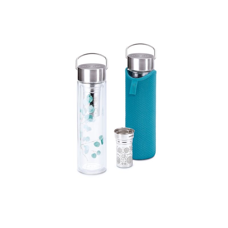 Cha Cult® Flowtea® "Trees" doppelwandiges Glas mit Edelstahlsieb inkl. Neoprenhülle 0,35 l H 24 cm, Ø 5 cm - Produktbild