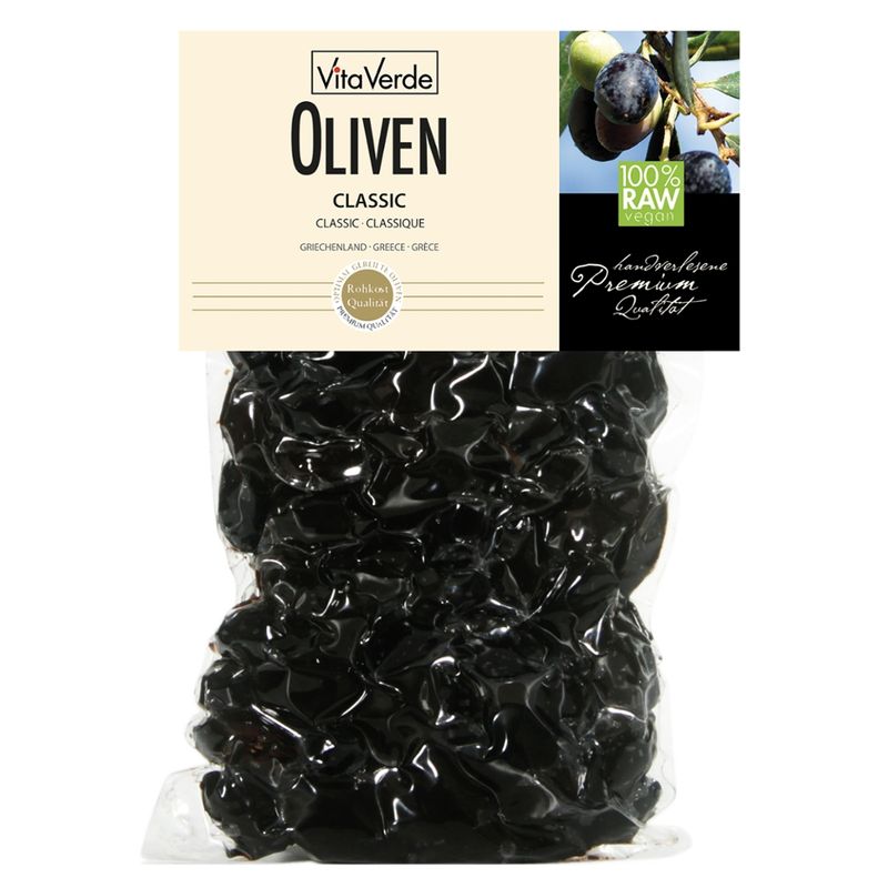 Vita Verde Schwarze Oliven, von Hand selektiert, luftgetrocknet, ohne zusätzliche Flüssigkeit in 100 % Rohkostqualität - Produktbild