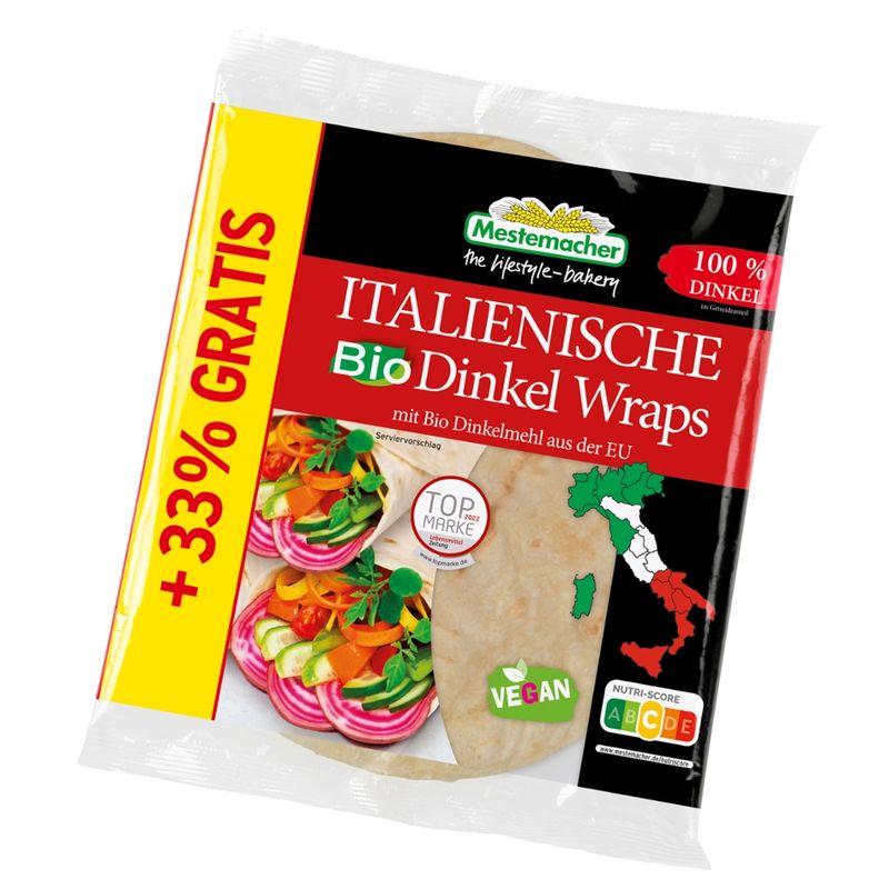 Mestemacher GmbH Italienische Bio Dinkel Wraps +33%, 4 Stck./300 g - Produktbild
