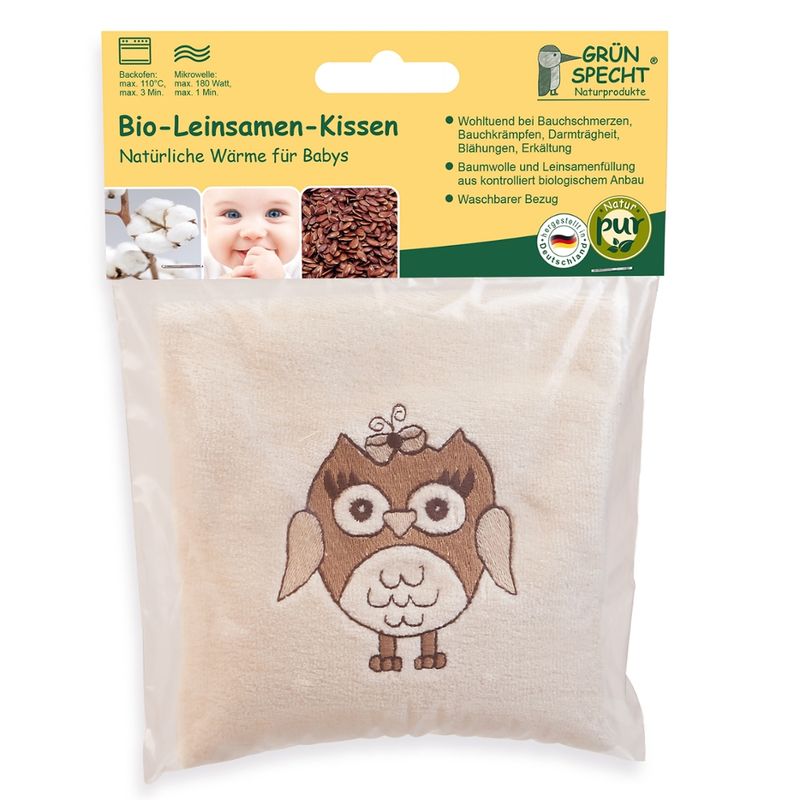 GRÜNSPECHT Naturprodukte GRÜNSPECHT Bio-Leinsamenkissen Eule mit Bezug 13x13 cm, Stoff: 100 % Baumwolle (kbA), Füllung: Leinsamen (kbA) - Produktbild