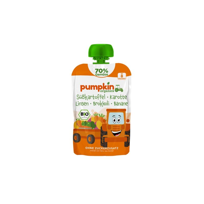 Pumpkin Organics Bio Quetschie Süßkartoffel, Karotte, Linsen, Brokkoli, Banane, ab 8 Monaten - Produktbild