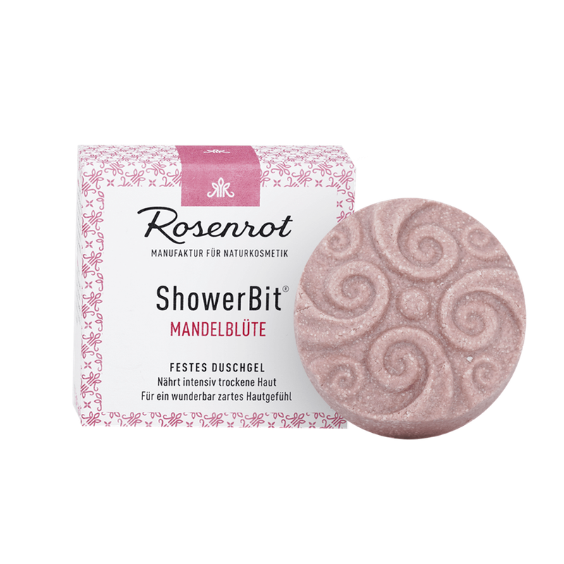 Rosenrot Naturkosmetik ShowerBit® - festes Duschgel Mandelblüte - 55g - in Schachtel - Reichhaltige Pflegedusche für die trockene Haut. - Produktbild