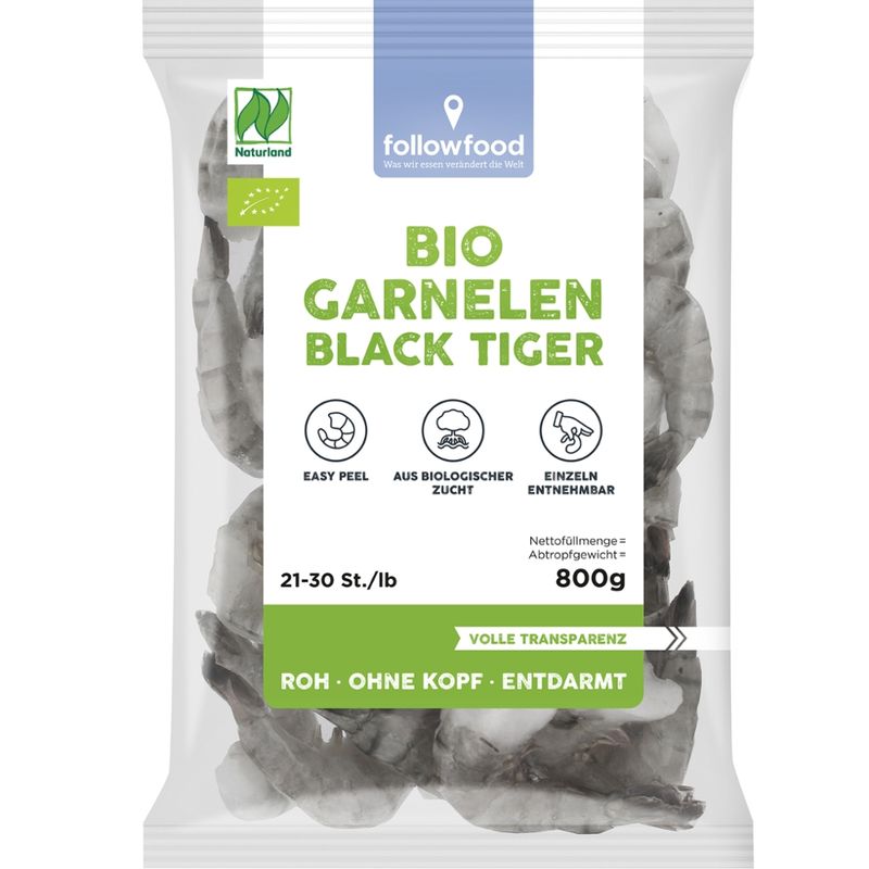 followfood Bio Black Tiger Garnele, Naturland; roh, ohne Kopf, entdarmt, easy peel, einzeln entnehmbar - Produktbild