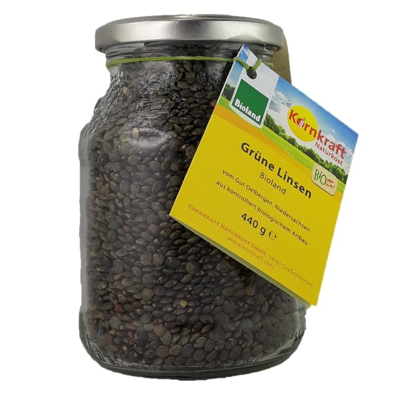Kornkraft Linsen grün  Bioland 440 g Pfandglas - Produktbild