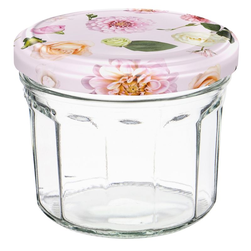 Dosen-Zentrale Züchner 240 ml Facettenglas mit 82 mm Caps "Springflower rosa" d533 mit EAN-Etikett am Glasboden - Produktbild