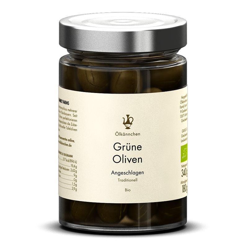 Ölkännchen Ölkännchen Grüne Oliven -angeschlagen- (mit Stein), GR 180g (Abtropfgewicht)  im Glas, traditionell in Salzlake und ohne Zusatzstoffe - Produktbild