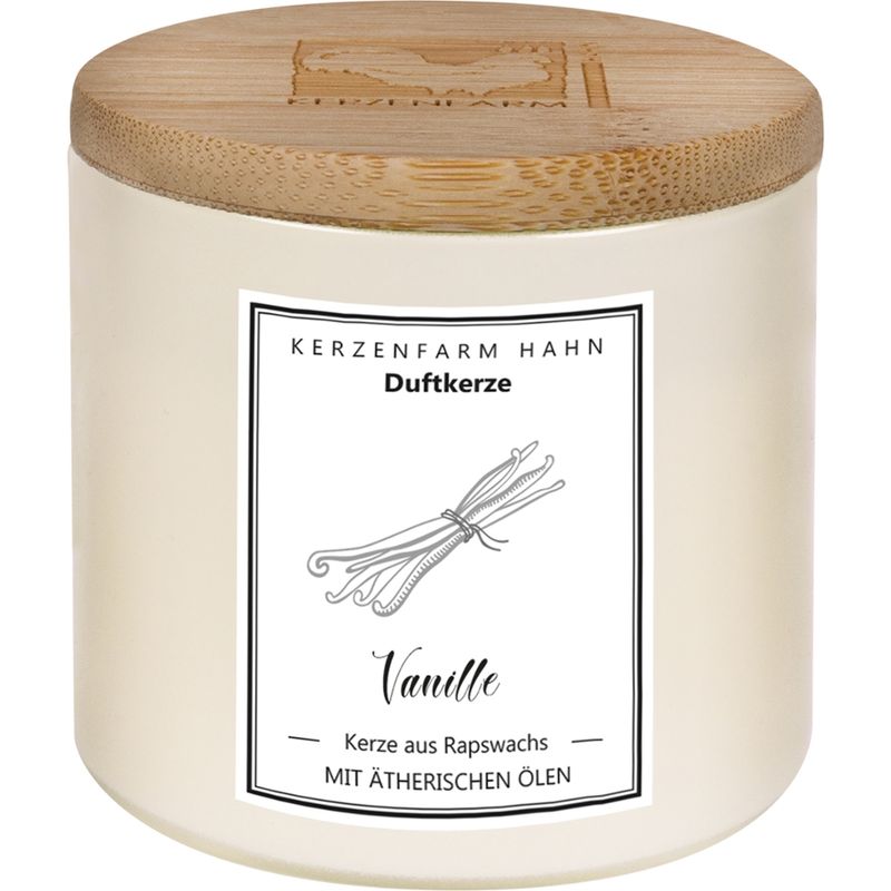 Kerzenfarm Hahn Von Hand gegossene Duftkerze im Glas, elfenbein, mit Holzdeckel, befüllt mit  Rapswachs, mit natürlichen ätherischen Ölen beduftet.  Natürlicher Duft Vanille - Produktbild
