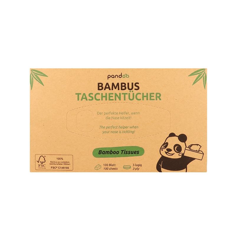 pandoo Unsere 3-lagigen Bambus Taschentücher sind besonders sanft bei empfindlichen Nasen. Die Verpackung ist natürlich gehalten und kann daher im Haushalt gut platziert werden. - Produktbild