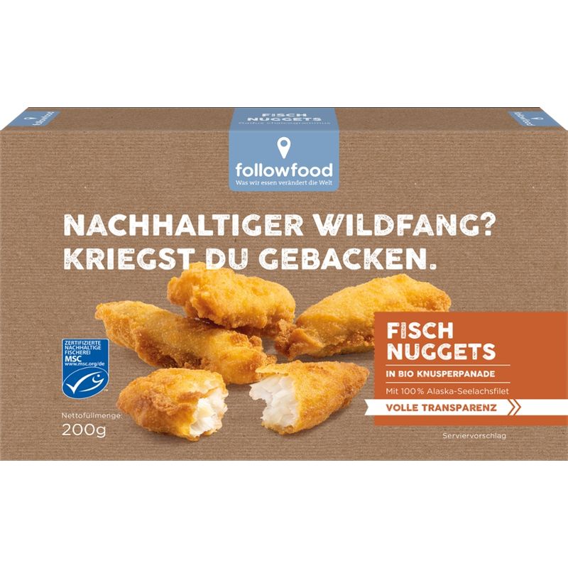 followfood MSC Alaska-Seelachs Filetstücken, praktisch grätenfrei, in Bio Panade, vorfrittiert, tiefgefroren. - Produktbild