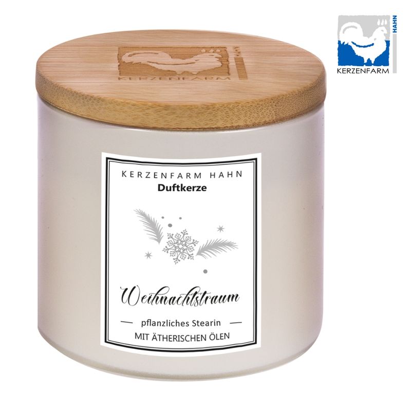 Kerzenfarm Hahn Duftkerze im Trendglas mit Holzdeckel , elfenbein, mit Stearin befüllt, Weihnachtstraum - Produktbild