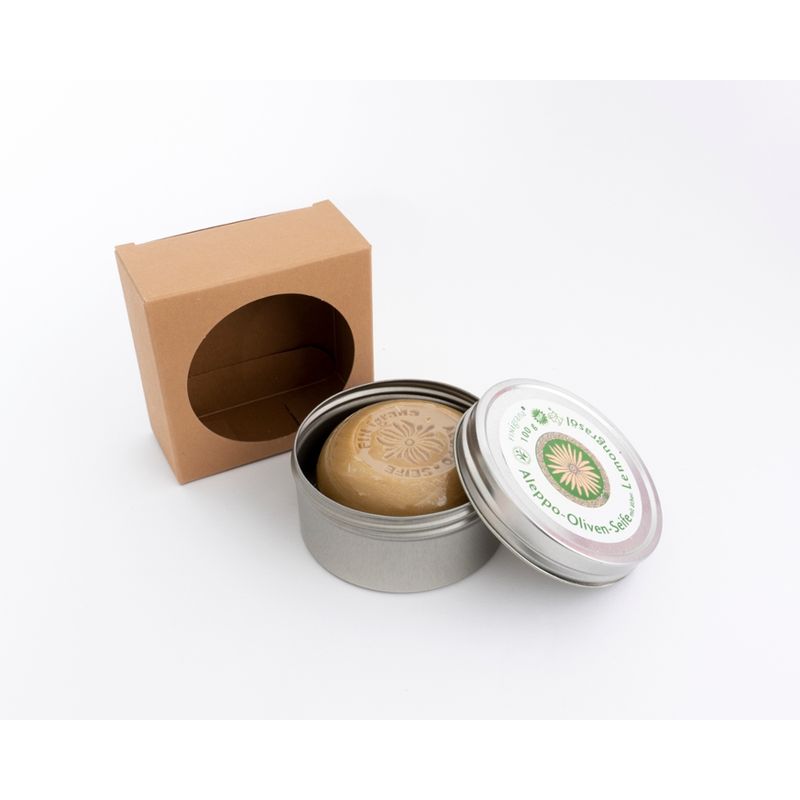 FINigrana® Naturkosmetik FINigrana Aleppo Olivenseife mit rein ätherischem Lemongrasöl, 95g in  praktischer Weißblech Seifendose & Geschenk Box,  Pflanzenseife für alle Hauttypen mit erfrischendem Zitrusduft - Produktbild