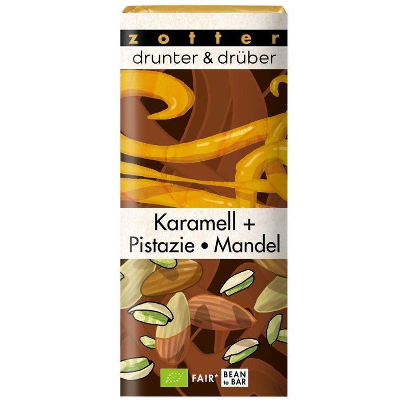 Zotter Schokolade drunter & drüber Karamell + Pistazie · Mandel - Produktbild