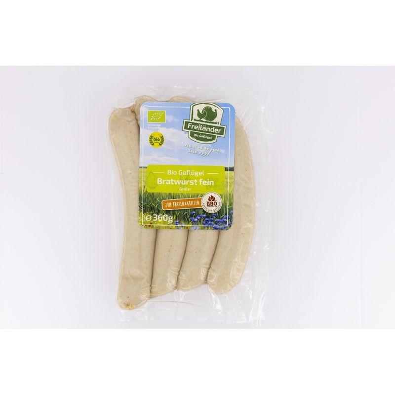 Freiländer Bio Geflügel Geflügel-Griller Bratwurst, 4 x 90 g Packung, frisch, im 3er-Gebinde - Produktbild