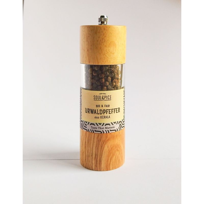 SoulSpice Pfeffermühle Holz mit schwarzem Urwaldpfeffer Bio Mühle - Produktbild